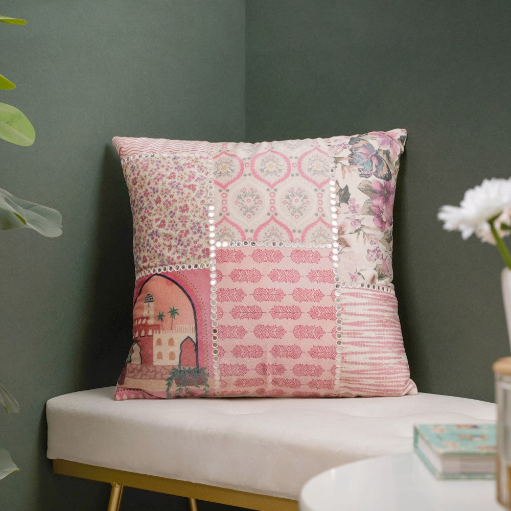Valencia Velvet Cushion Cover With Mirrorwork Pink 16 x 16 Inch Nestasia