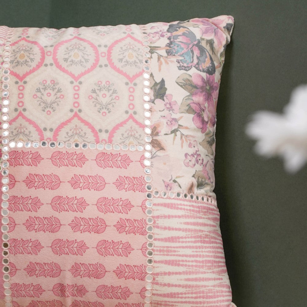 Valencia Velvet Cushion Cover With Mirrorwork Pink 16 x 16 Inch Nestasia