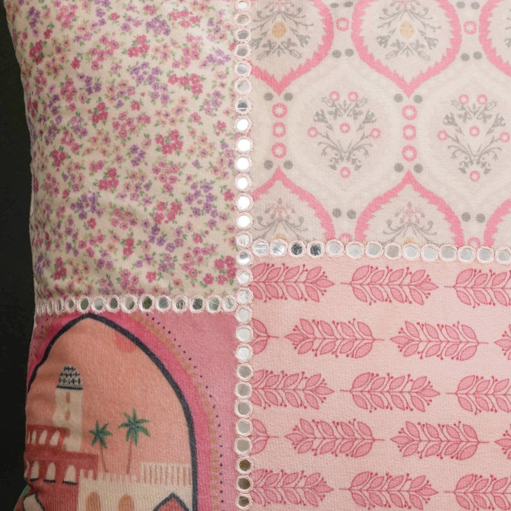 Valencia Velvet Cushion Cover With Mirrorwork Pink 16 x 16 Inch Nestasia