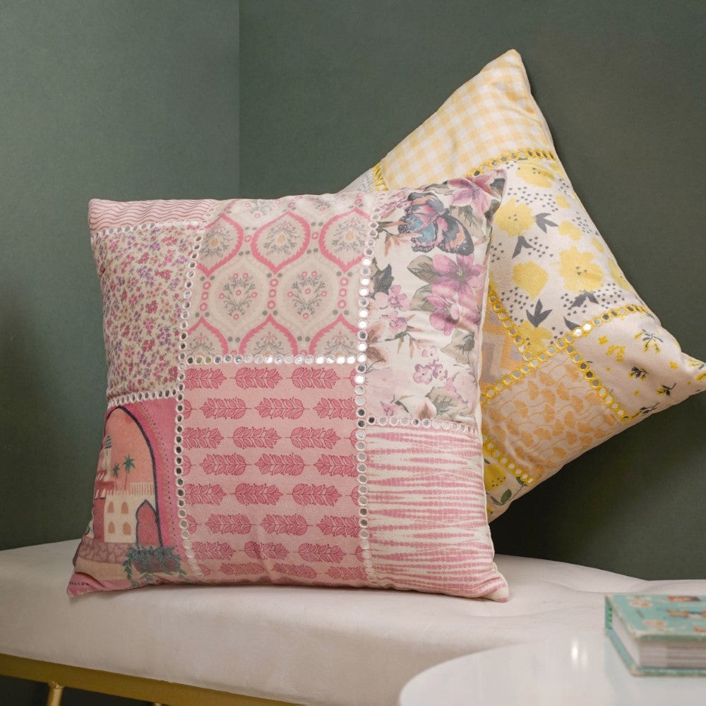 Valencia Velvet Cushion Cover With Mirrorwork Pink 16 x 16 Inch Nestasia