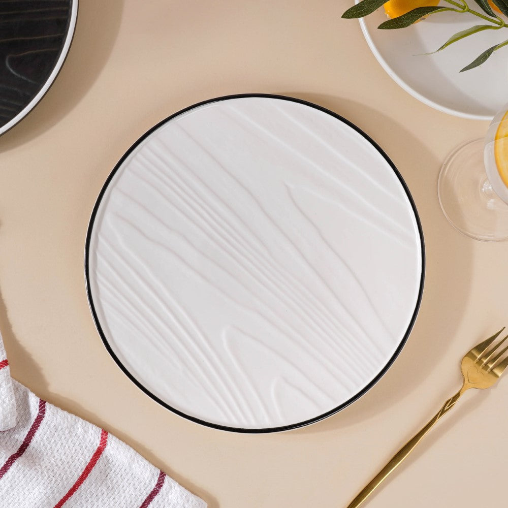 Ceramic Wooden Texture Round Platter White 9.5 Inch Nestasia