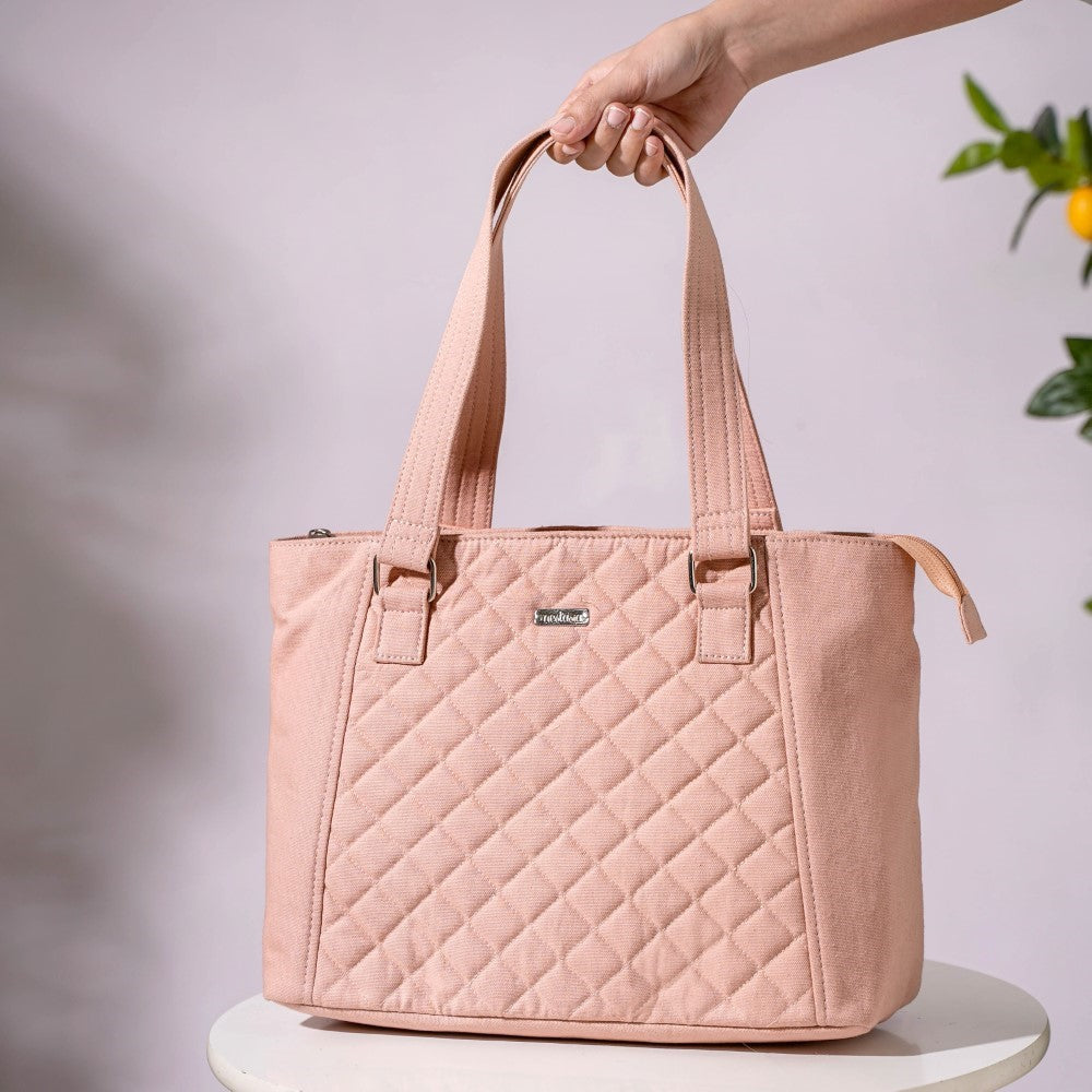 Pink Canvas Quilted Tote Bag Nestasia