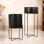 Modern Metal Floor Planter With Stand Black Set Of 2 Nestasia