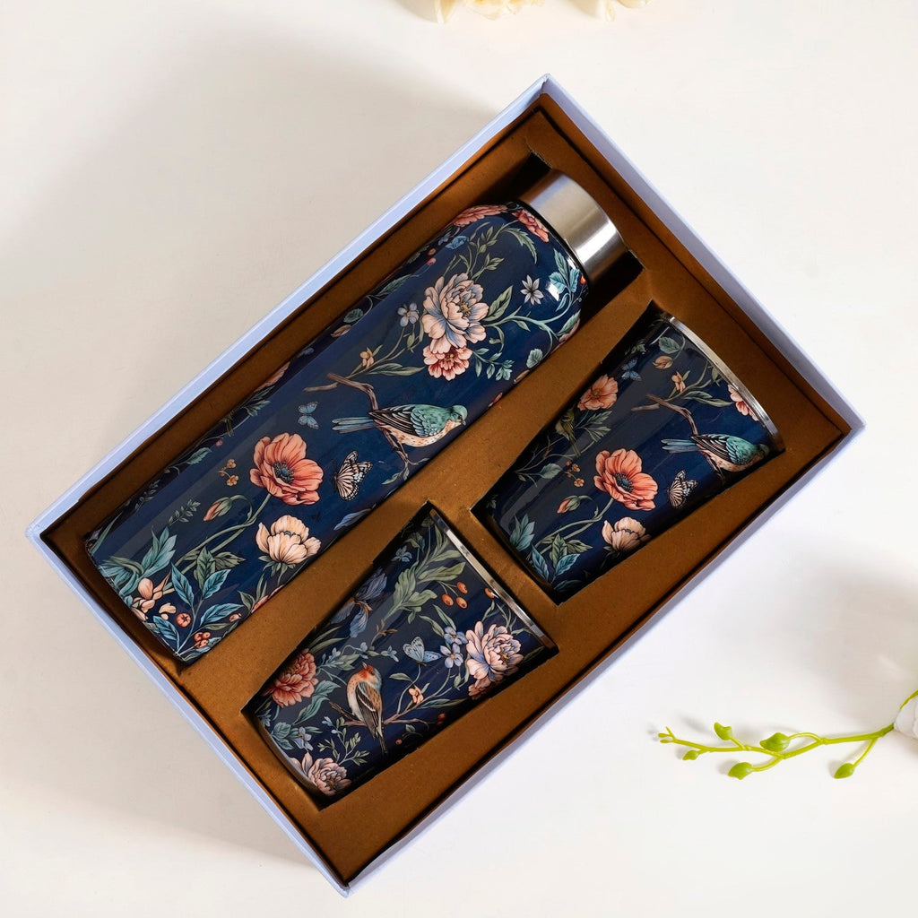 Floral Printed Stainless Steel Bottle And Tumbler Gift Set Of 3 Nestasia