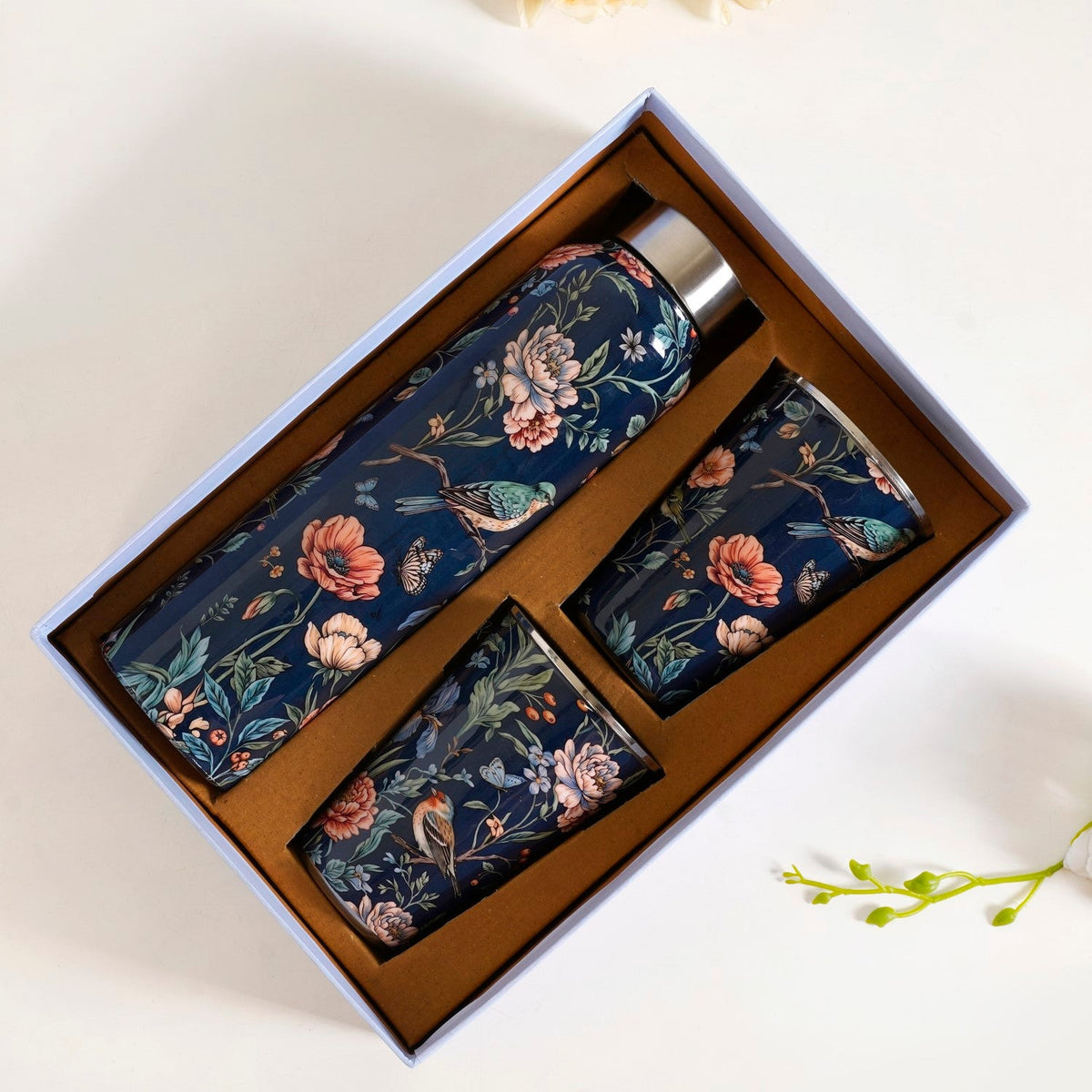 Floral Printed Stainless Steel Bottle And Tumbler Gift Set Of 3 Nestasia