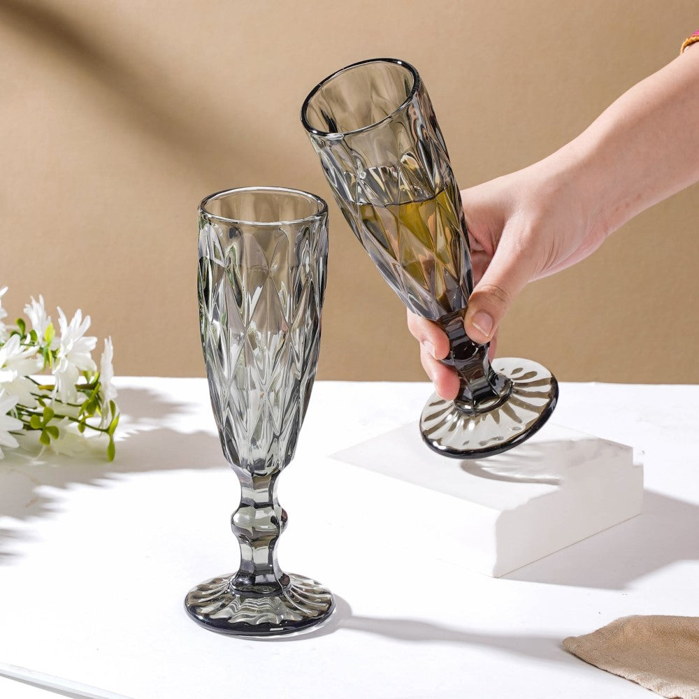 Crystal Textured Champagne Glass Grey Set Of 6 150 ml Nestasia