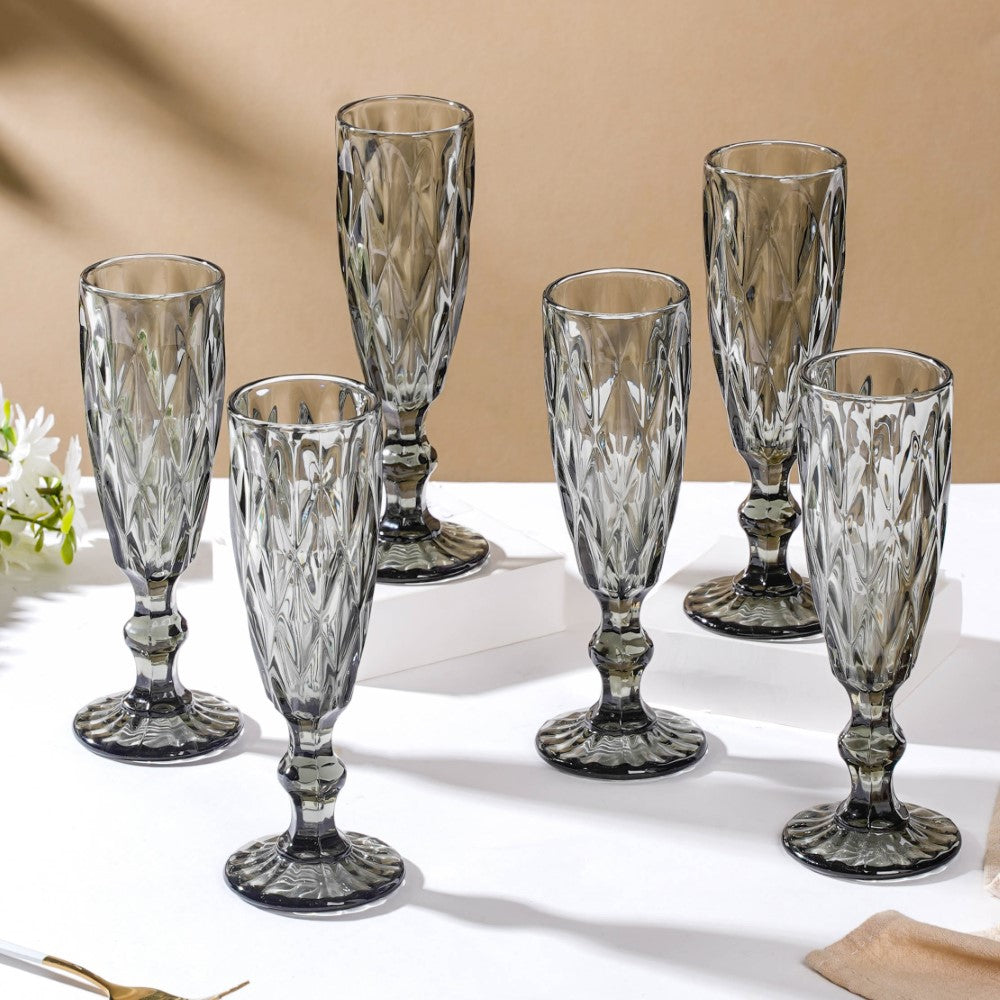 Crystal Textured Champagne Glass Grey Set Of 6 150 ml Nestasia