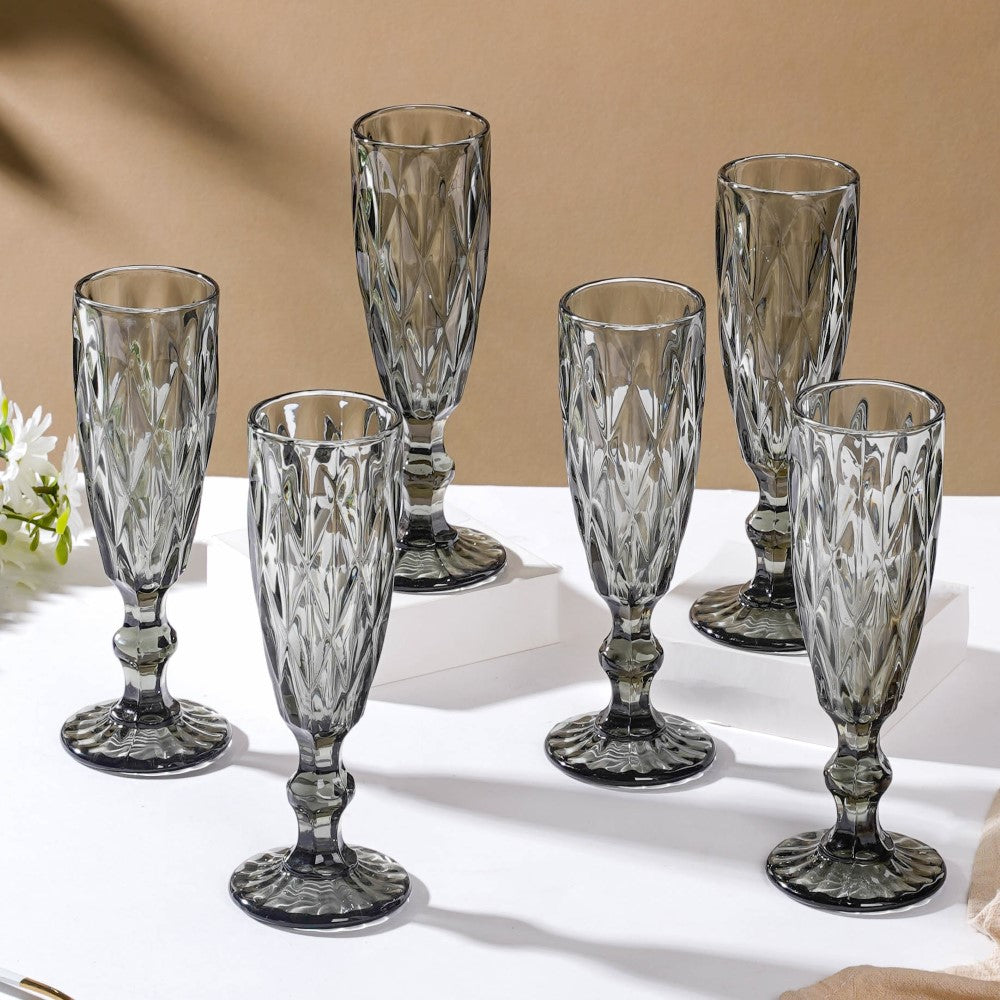 Crystal Textured Champagne Glass Grey Set Of 6 150 ml Nestasia