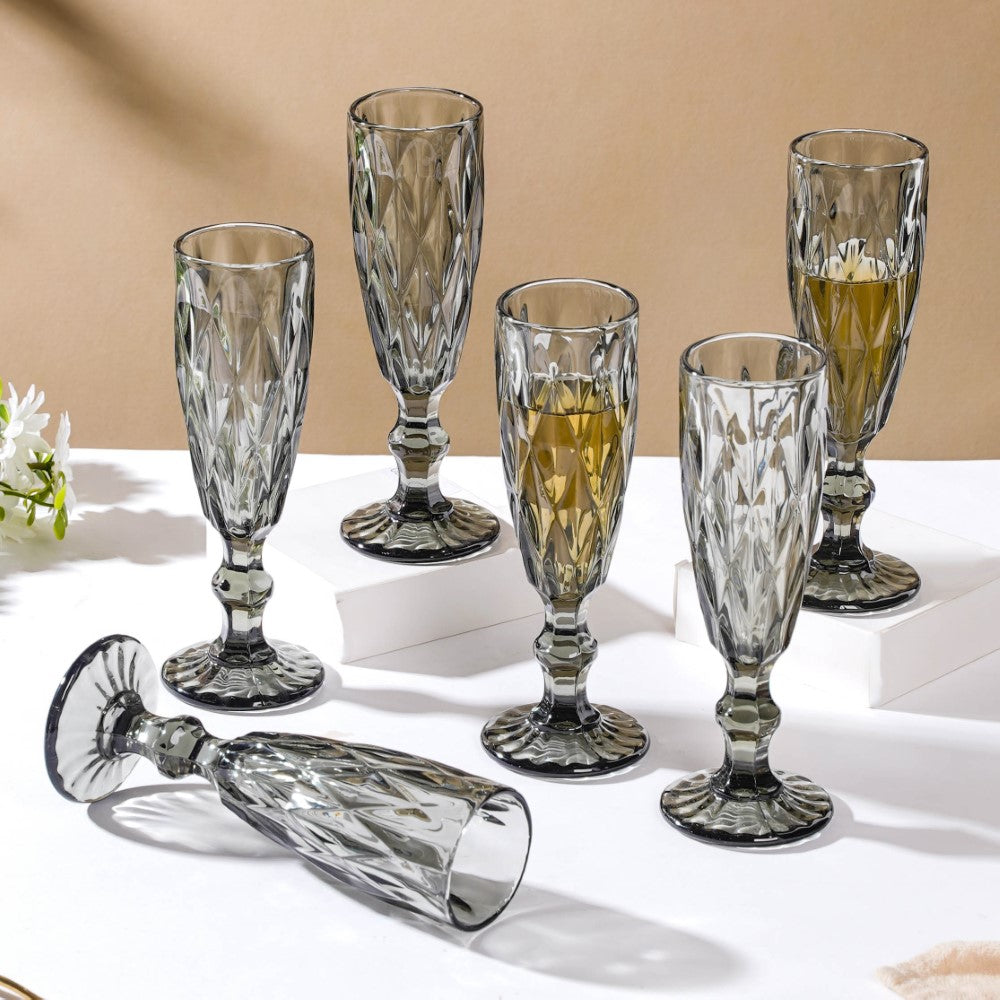 Crystal Textured Champagne Glass Grey Set Of 6 150 ml Nestasia