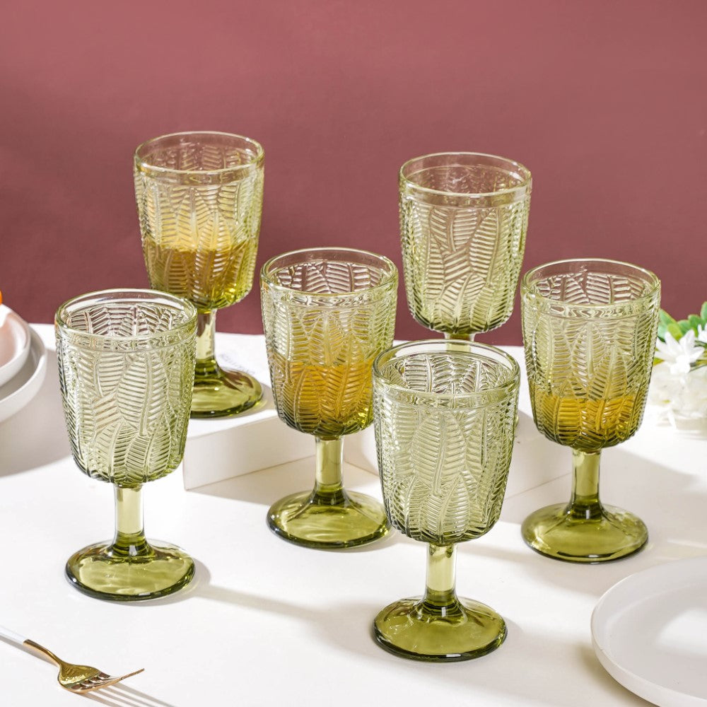 Vintage Engraved Wine Glass Green Set of 6 300 ml Nestasia