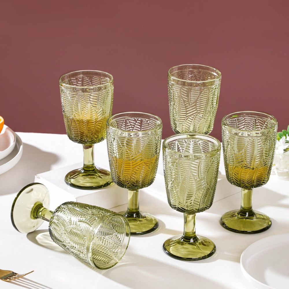 Vintage Engraved Wine Glass Green Set of 6 300 ml Nestasia