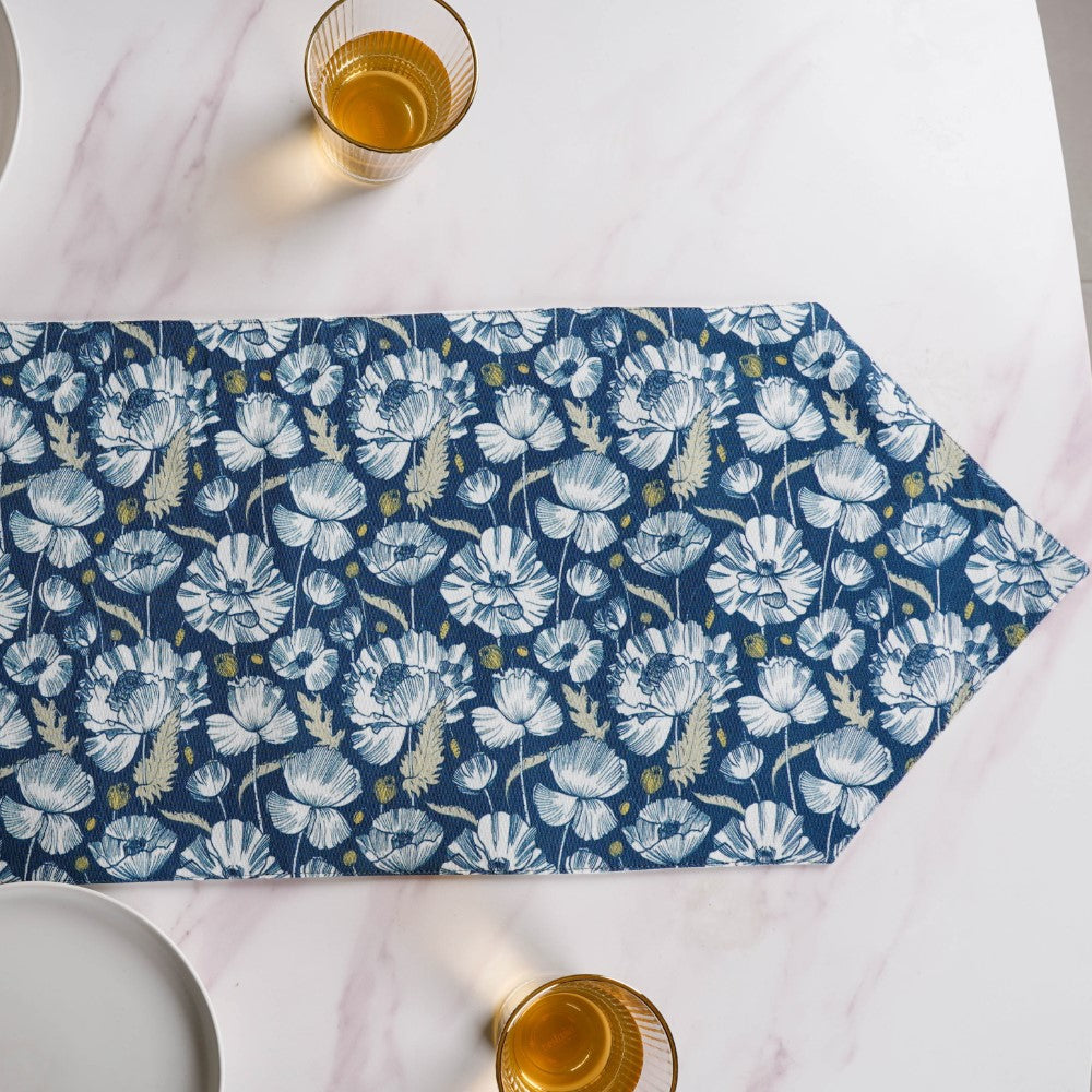 Floral Dining Cotton Printed Table Runner Royal Blue For 6 Seater Nestasia