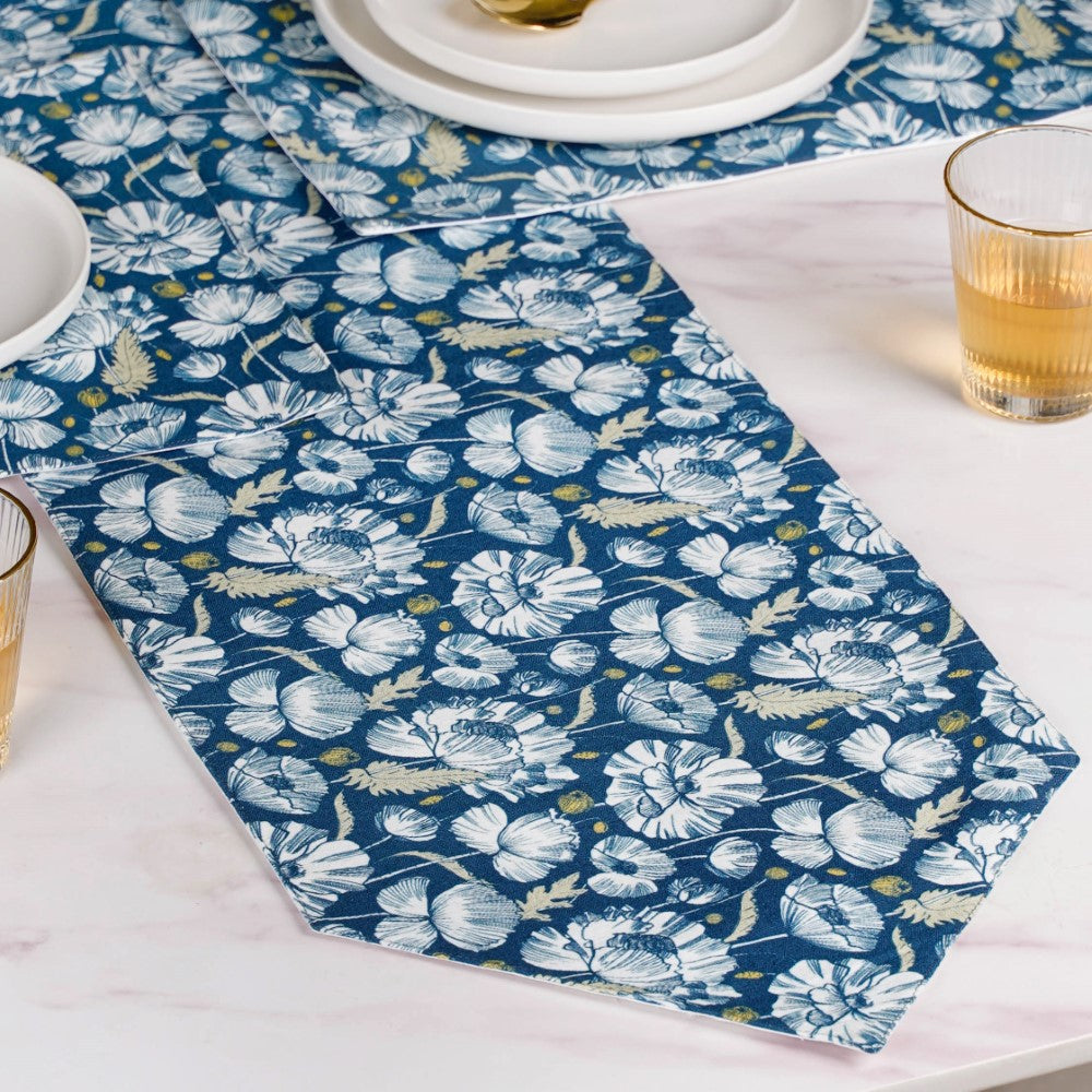 Floral Dining Cotton Printed Table Runner Royal Blue For 6 Seater Nestasia