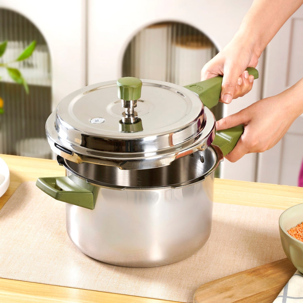 Zesta Triply Stainless Steel Induction Safe Pressure Cooker 5 Litre Spill Safe Lid Nestasia