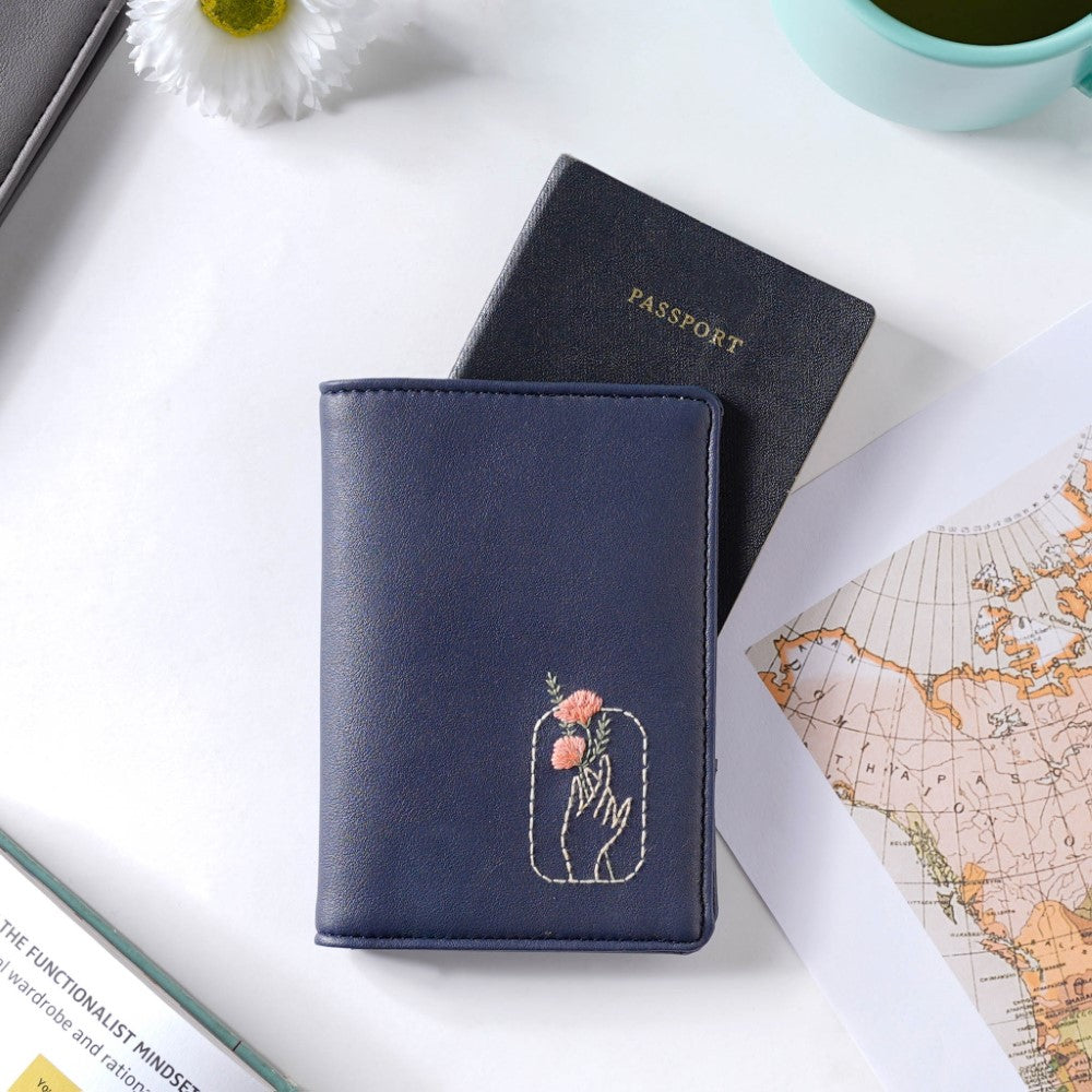 Floral Art Embroidered Passport Cover Navy Blue Nestasia
