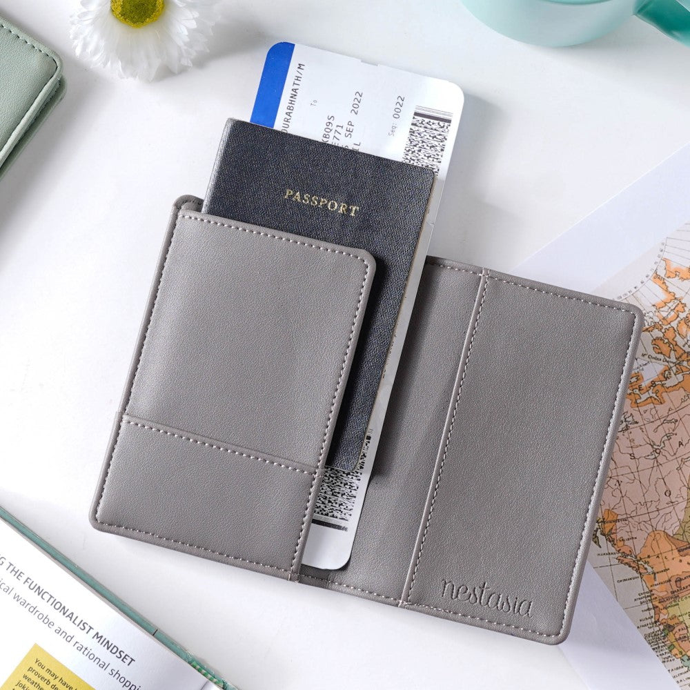 Floral Line Art Embroidered Passport Cover Grey Nestasia