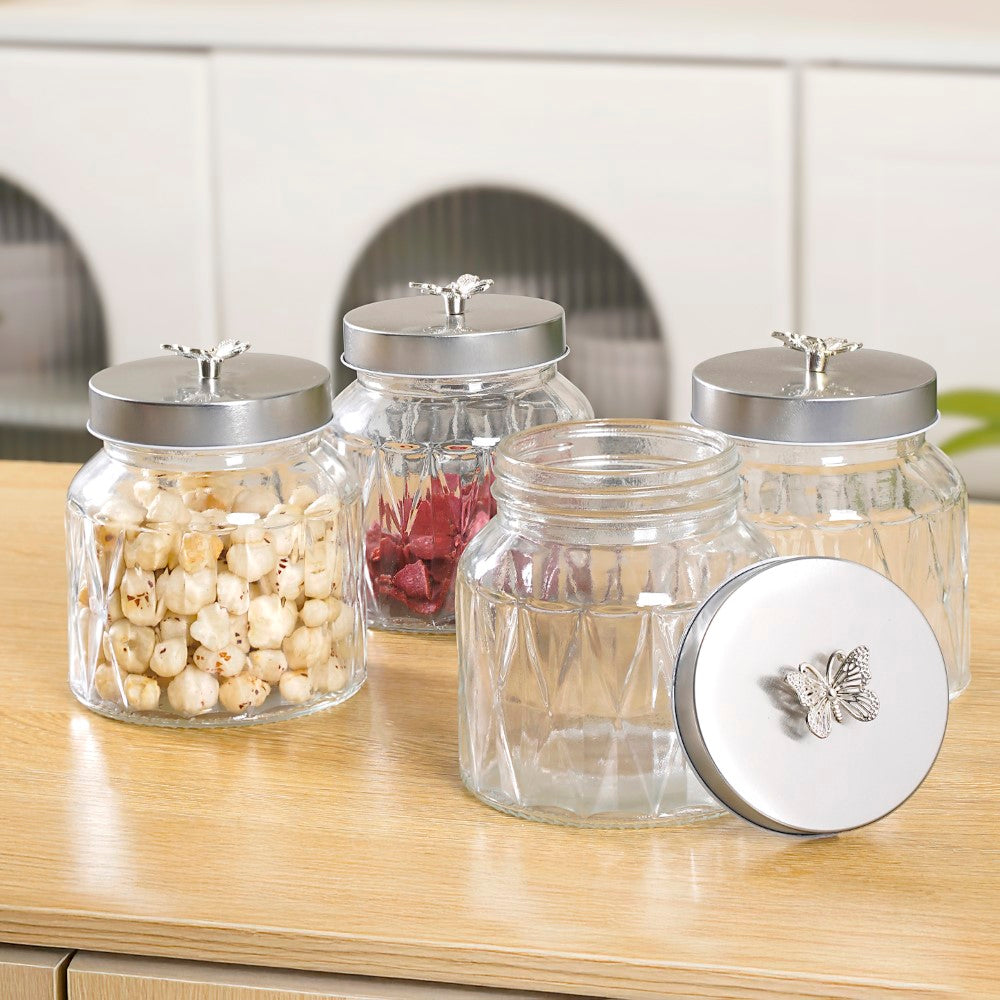 Embossed Jar With Butterfly Lid Set Of 4 700ml Nestasia