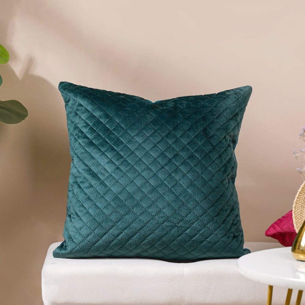Beryl Green Quilted Velvet Cushion Cover 16 x 16 Inch Nestasia