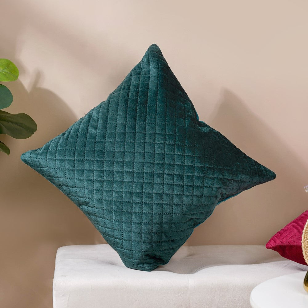Beryl Green Quilted Velvet Cushion Cover 16 x 16 Inch Nestasia