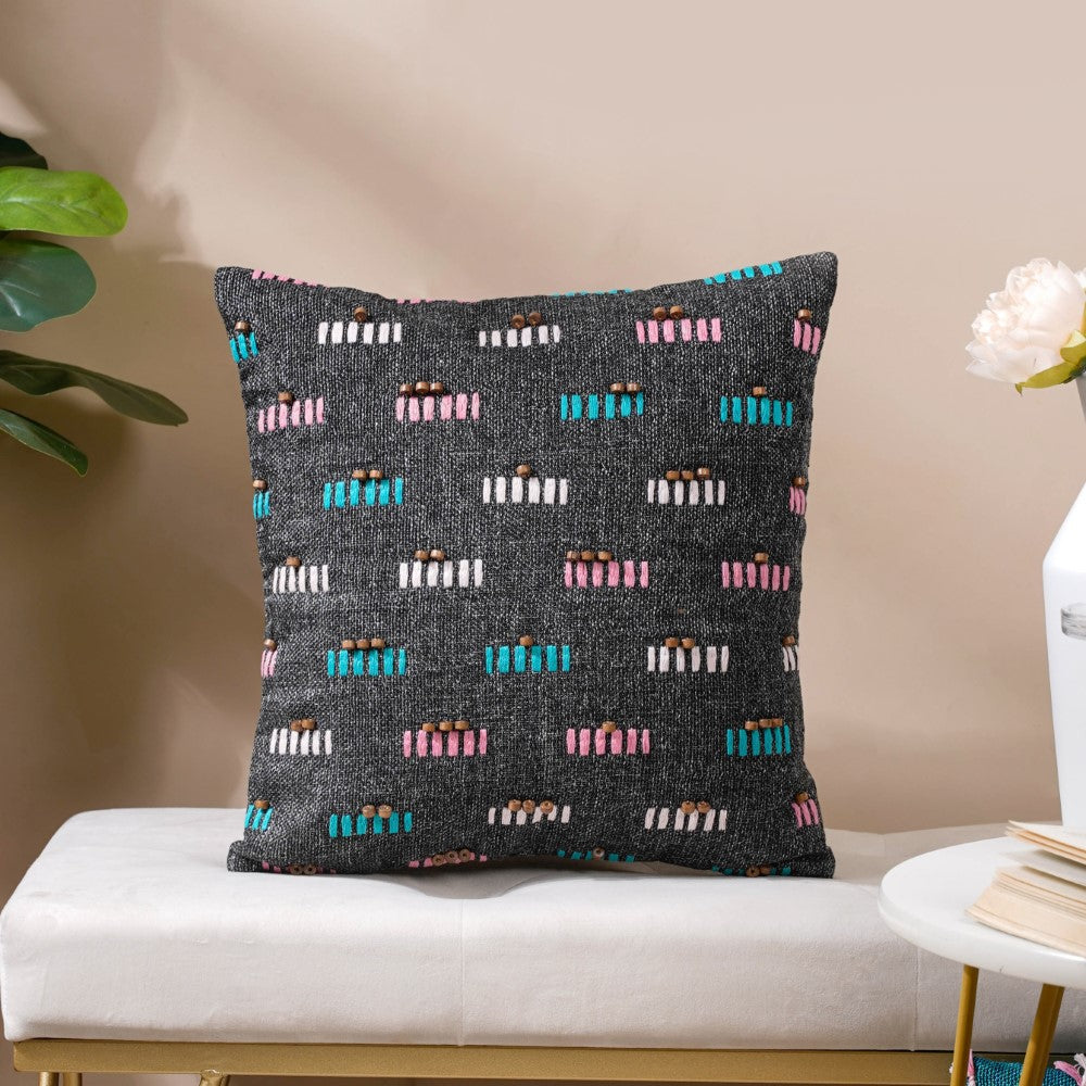 Adria Threadwork Beaded Jute Cushion Cover Black 16 x 16 Inch Nestasia