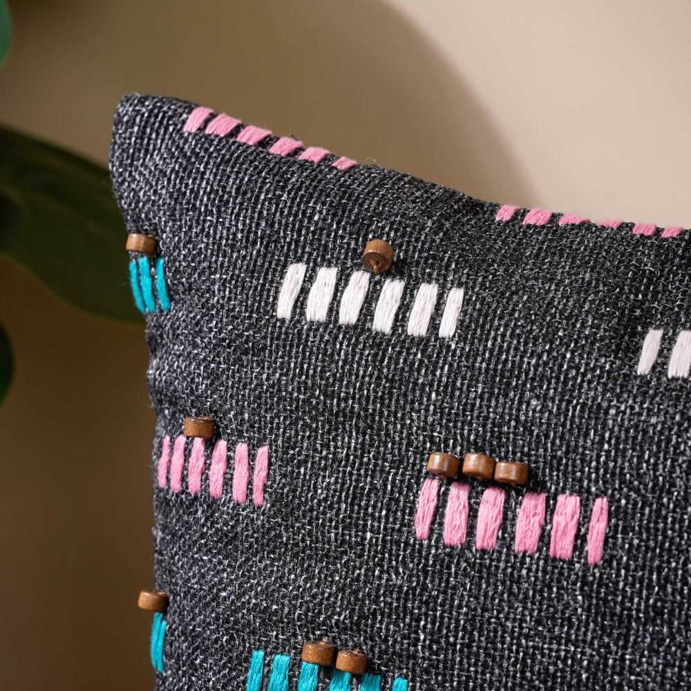 Adria Threadwork Beaded Jute Cushion Cover Black 16 x 16 Inch Nestasia