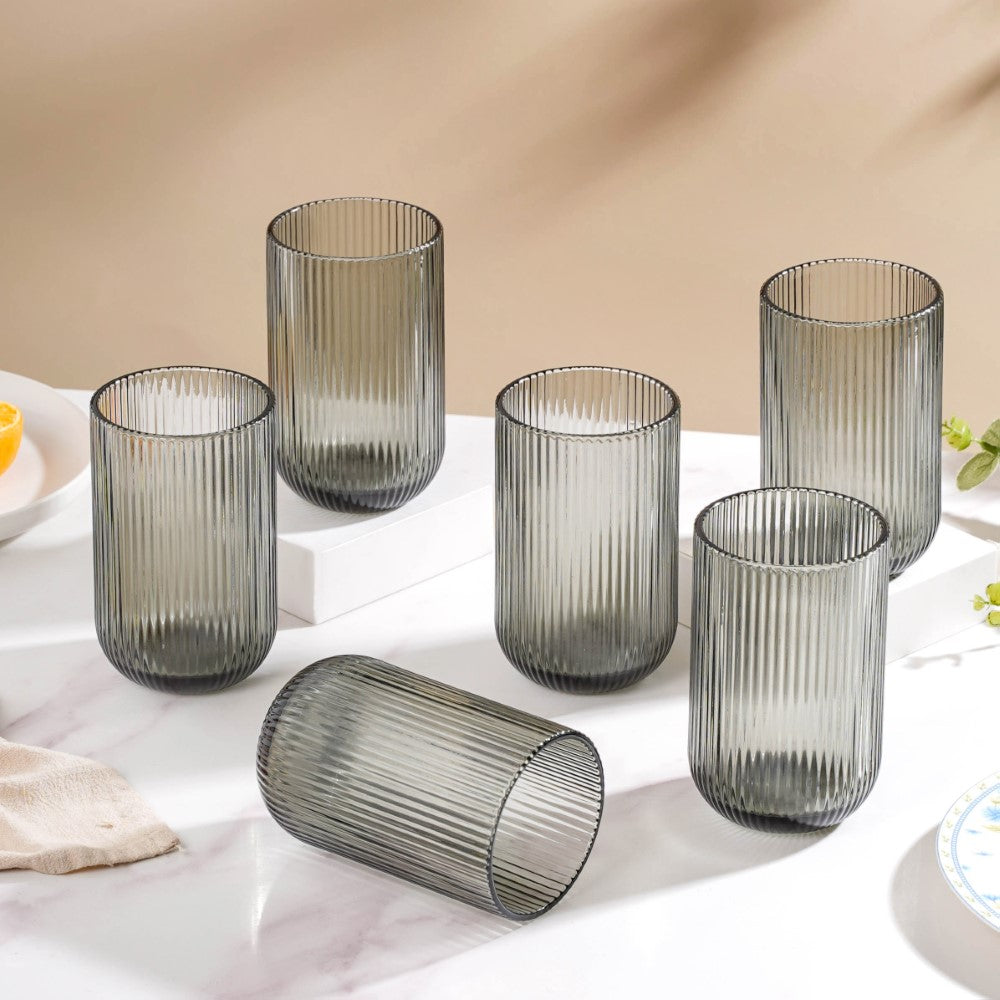 Ribbed Drinking Glass Ash Grey Set Of 6 350ml Nestasia