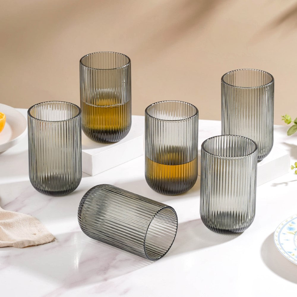 Ribbed Drinking Glass Ash Grey Set Of 6 350ml Nestasia