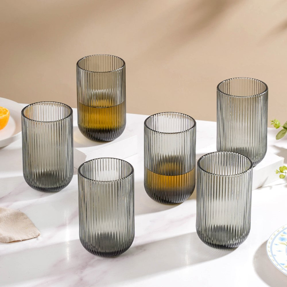 Ribbed Drinking Glass Ash Grey Set Of 6 350ml Nestasia