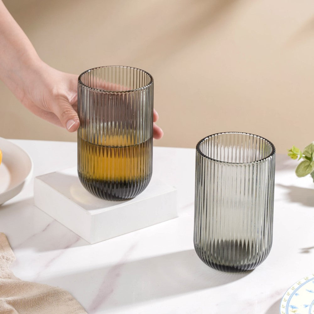 Ribbed Drinking Glass Ash Grey Set Of 6 350ml Nestasia