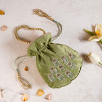 Shikara Orchids Velvet Potli Bag Smoky Green Nestasia