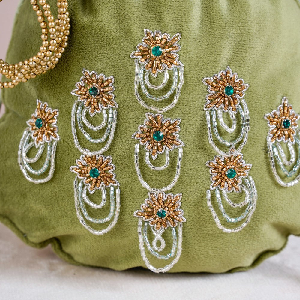 Shikara Orchids Velvet Potli Bag Smoky Green Nestasia