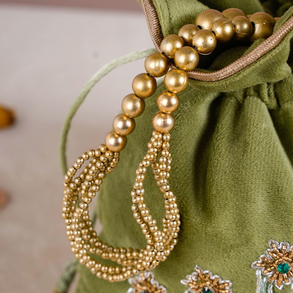 Shikara Orchids Velvet Potli Bag Smoky Green Nestasia