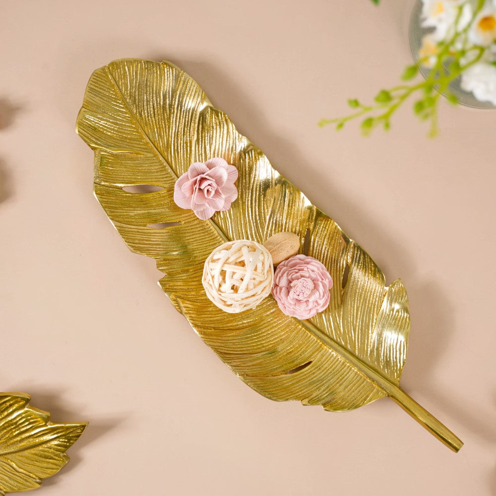 Feather Decorative Platter Tray Gold 18 Inch Nestasia