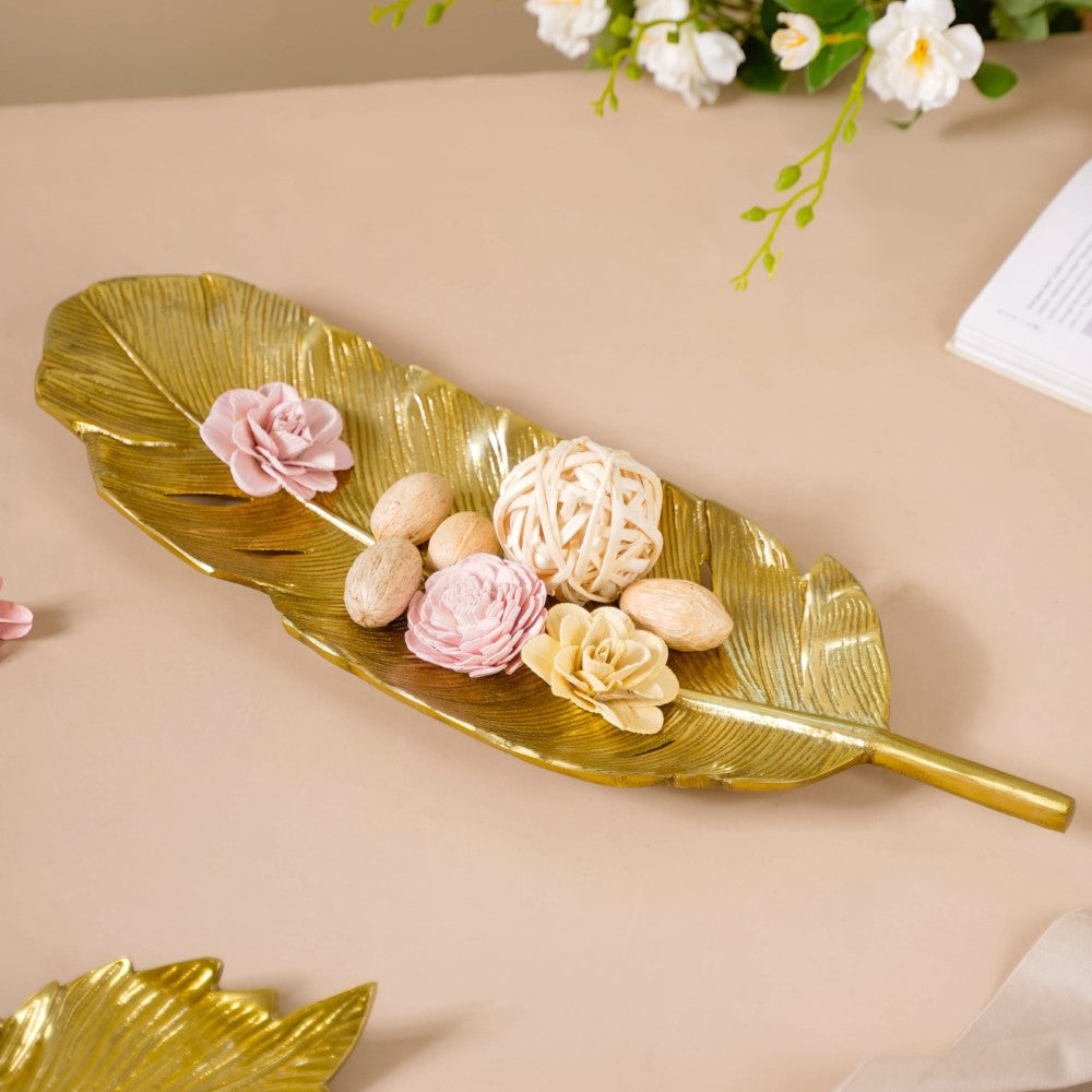 Feather Decorative Platter Tray Gold 18 Inch Nestasia