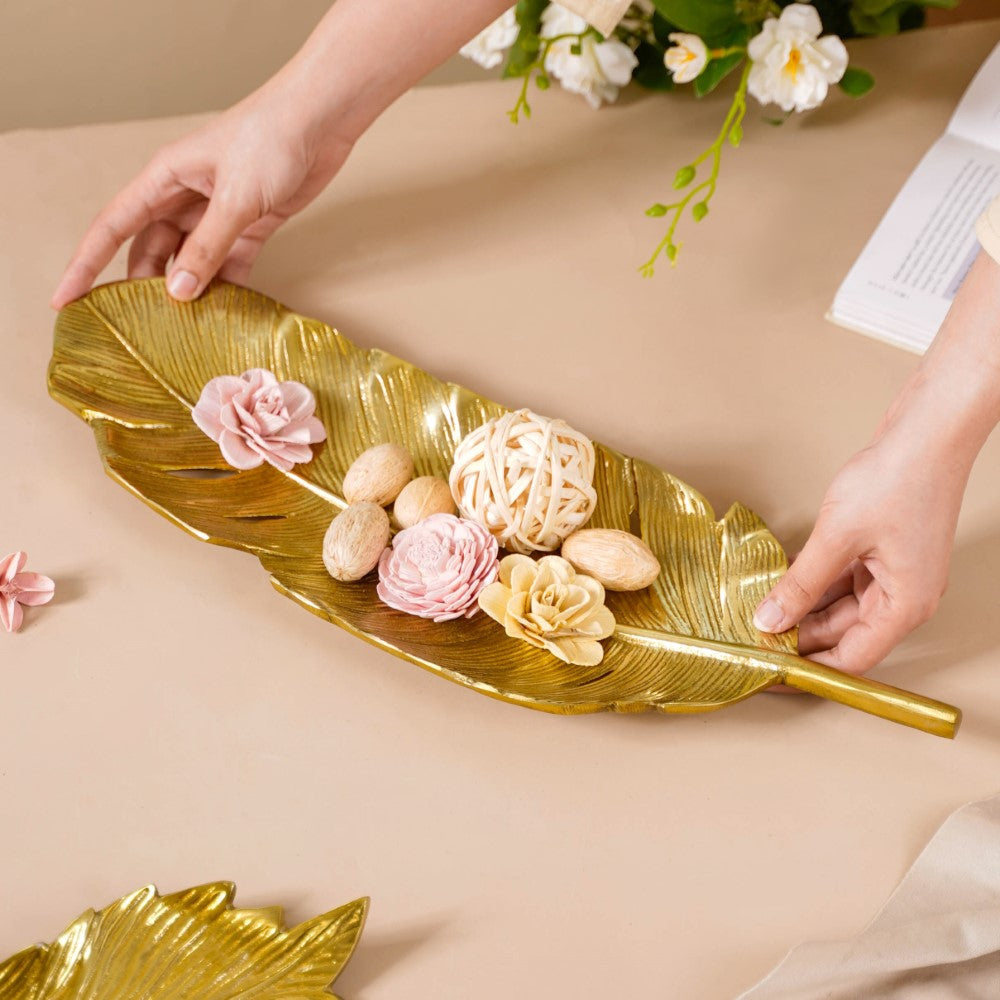 Feather Decorative Platter Tray Gold 18 Inch Nestasia
