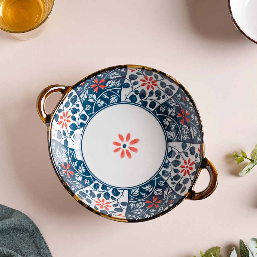 Yugana Floral Patterned Serving Bowl With Handles 9 Inch 500 ml