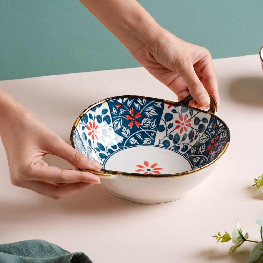 Yugana Floral Patterned Serving Bowl With Handles 9 Inch 500 ml