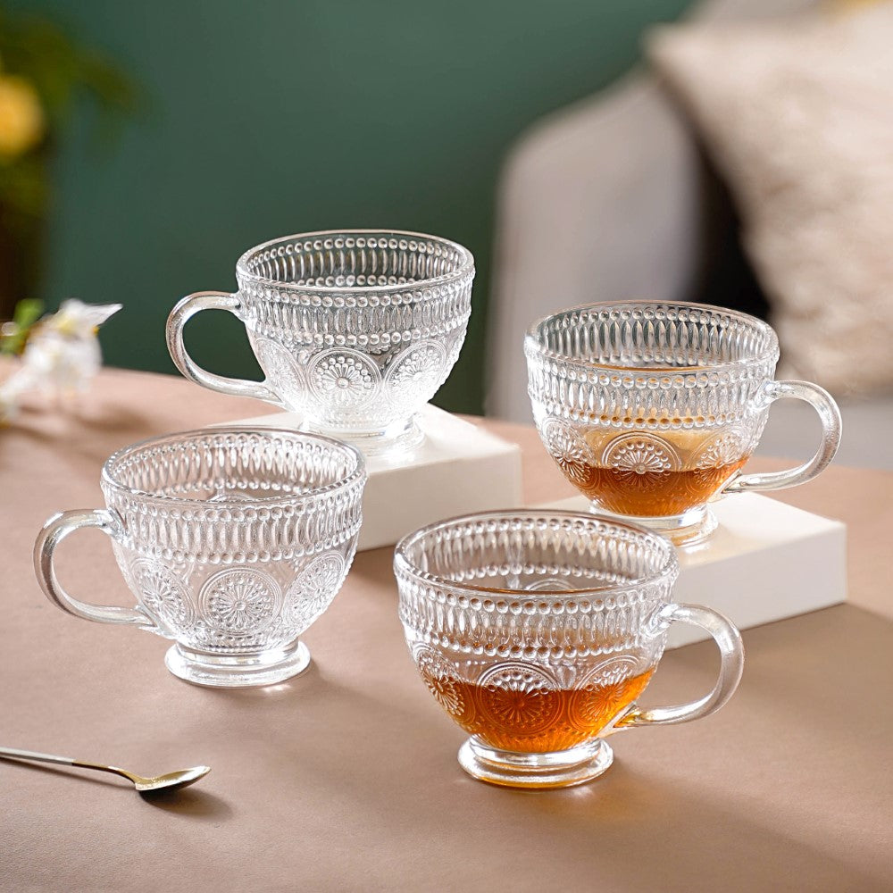 Blossom Embossed Large Glass Cup Set of 4 Nestasia