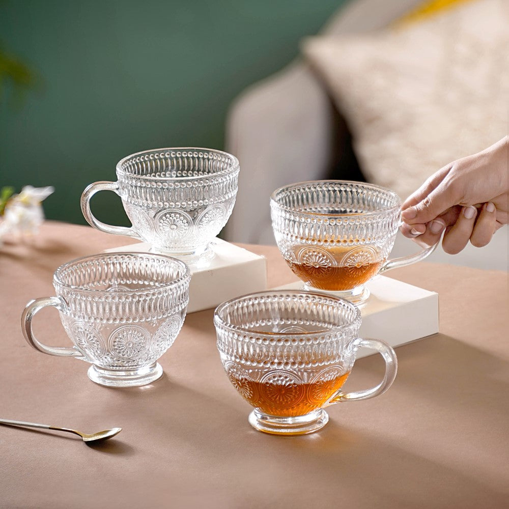 Blossom Embossed Large Glass Cup Set of 4 Nestasia