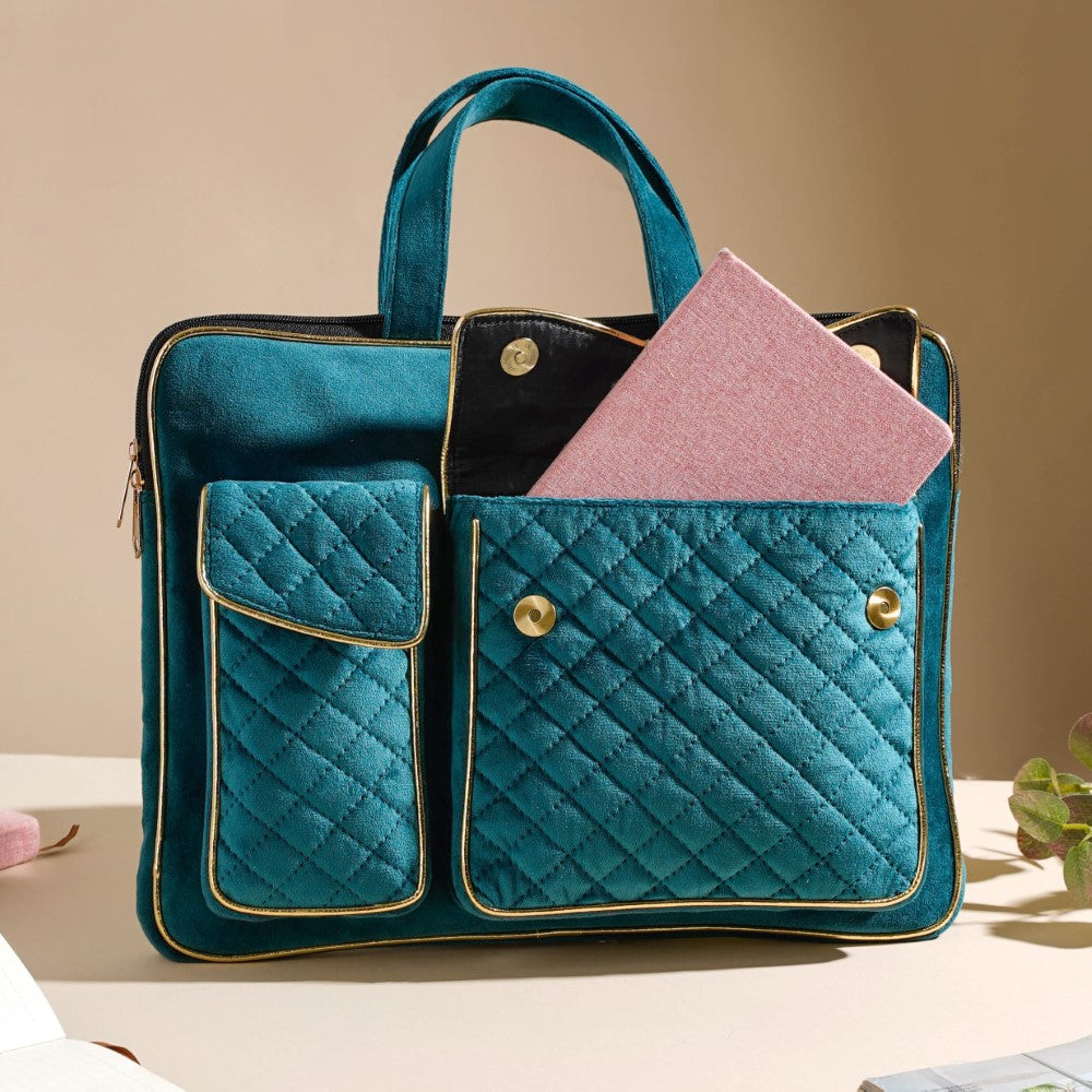 Laptop Bag Luxe Velvet Sleek Dark Green 14 x 10.5 Inch Nestasia