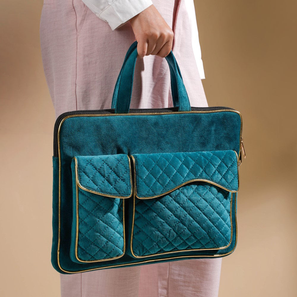 Laptop Bag Luxe Velvet Sleek Dark Green 14 x 10.5 Inch Nestasia