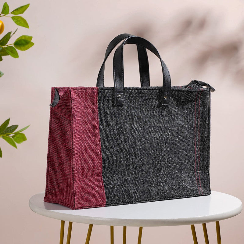 Eco Friendly Jute Lunch Bag Black And Red 15 x 10 Inch Nestasia
