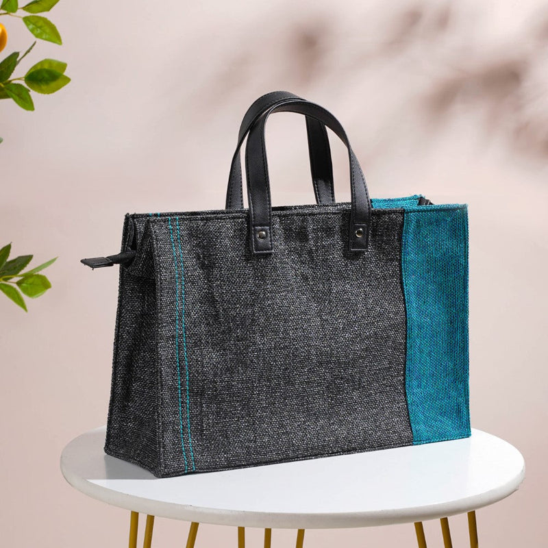 Eco Friendly Jute Lunch Bag Black And Teal 15 x 10 Inch Nestasia