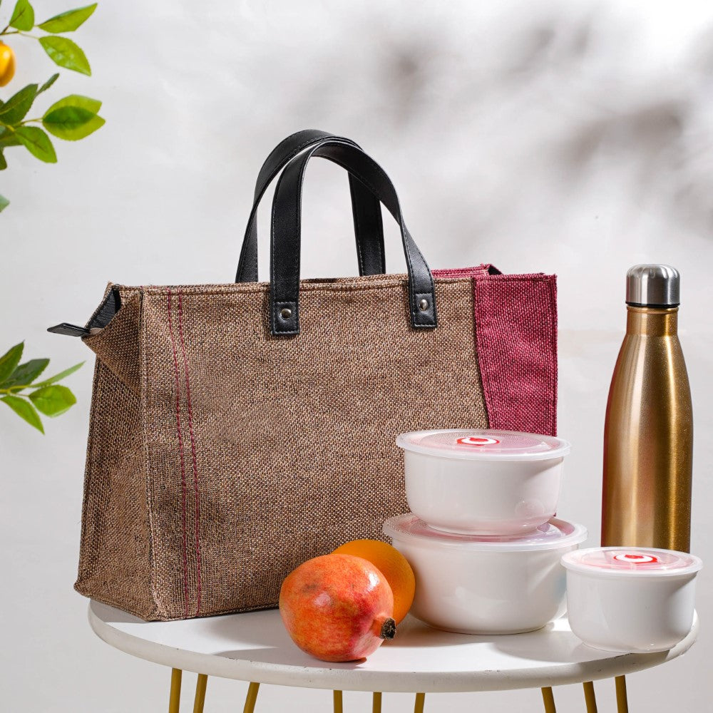 Eco Friendly Jute Lunch Bag Beige And Red 15 x 10 Inch Nestasia