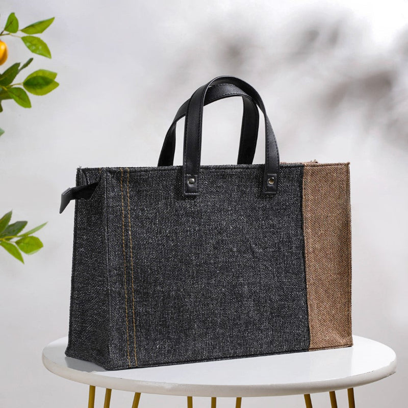 Eco Friendly Jute Lunch Bag Black And Beige 15 x 10 Inch Nestasia
