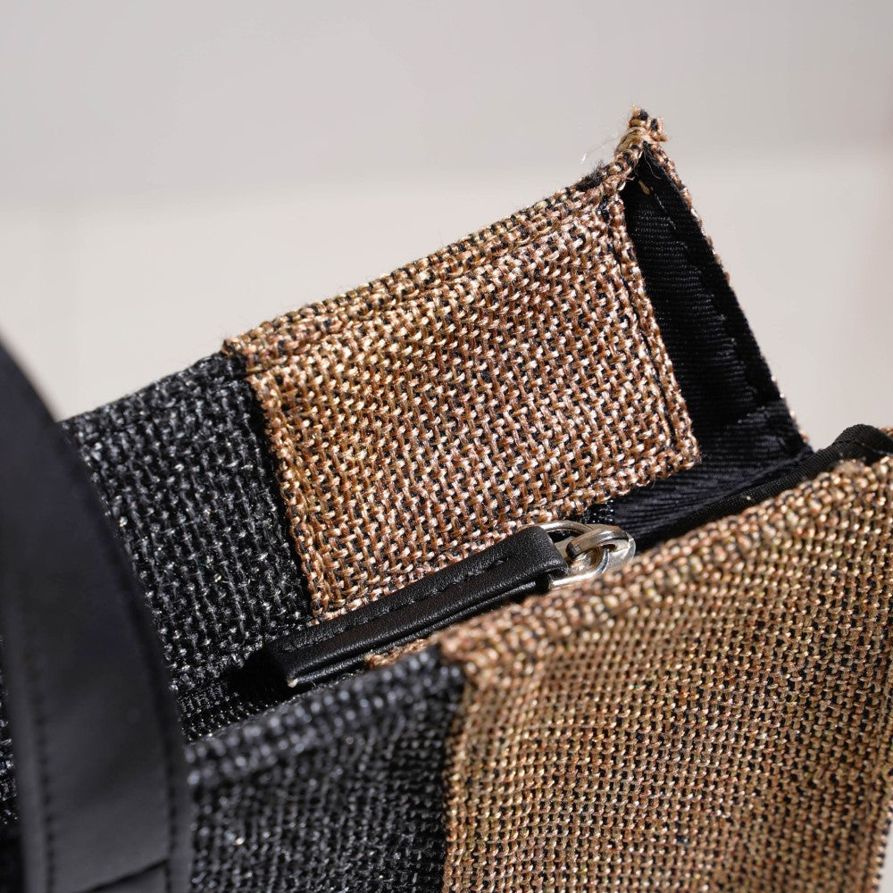 Eco Friendly Jute Lunch Bag Black And Beige 15 x 10 Inch Nestasia