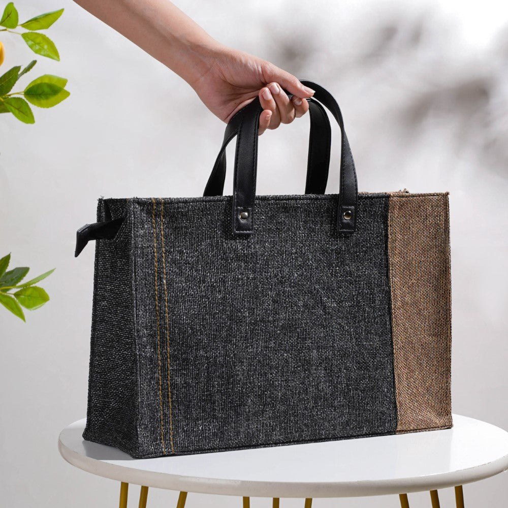 Eco Friendly Jute Lunch Bag Black And Beige 15 x 10 Inch Nestasia