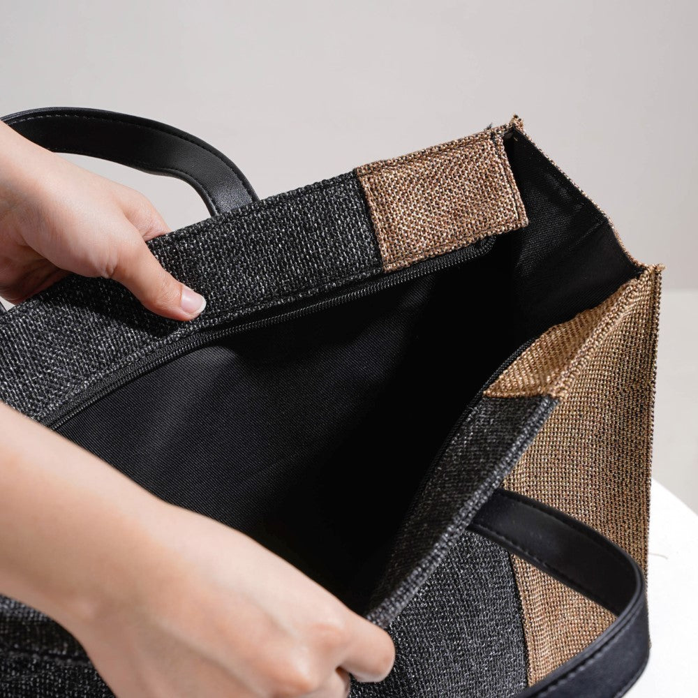 Eco Friendly Jute Lunch Bag Black And Beige 15 x 10 Inch Nestasia