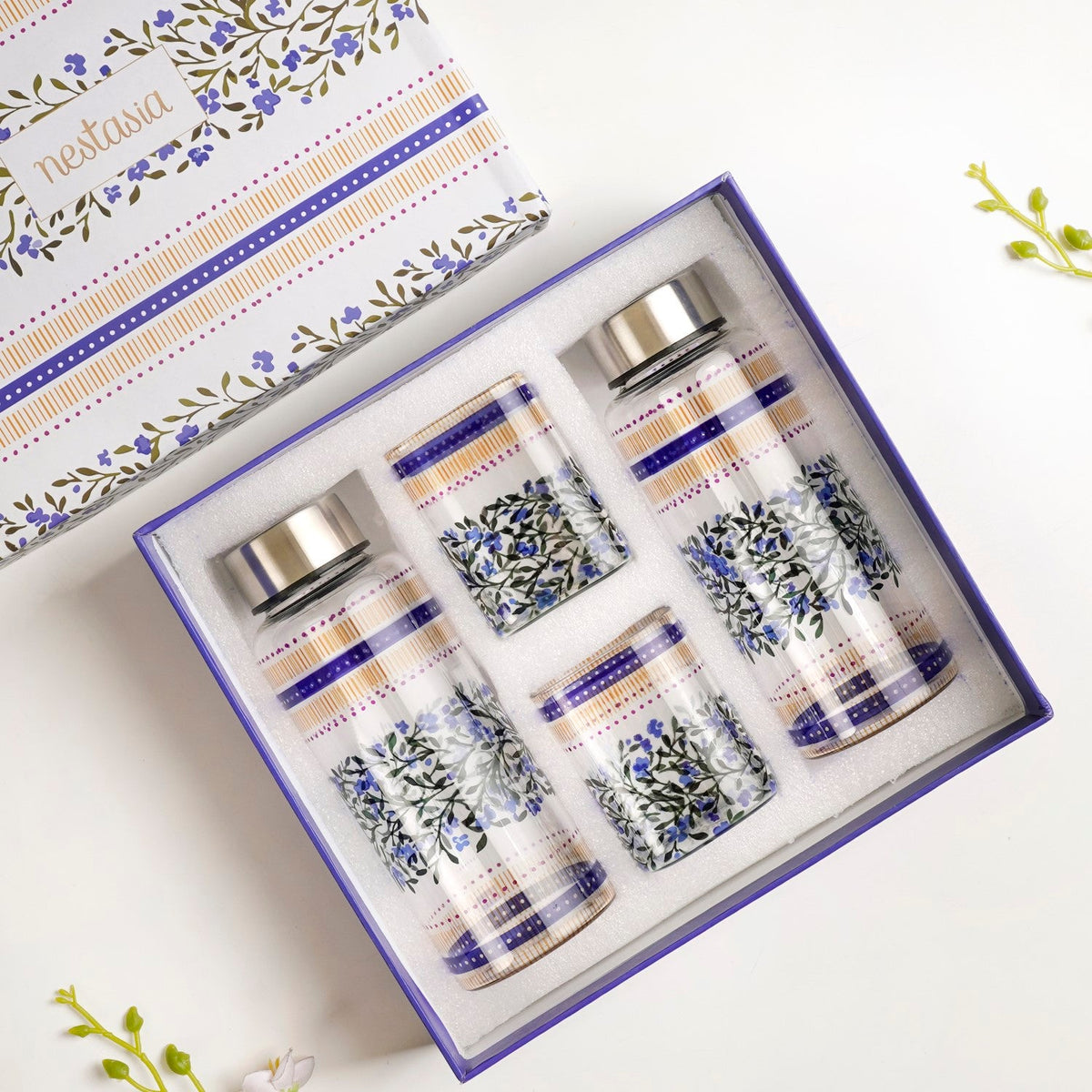 Bluebell Glass Bottle And Tumbler Gift Set Of 4 Nestasia