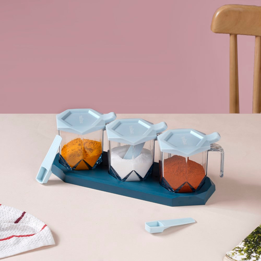 Spice Containers With Spoons Set Of 3 Blue Nestasia